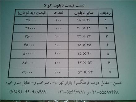 لیست قیمت نایلون کوالا در بازارتهران